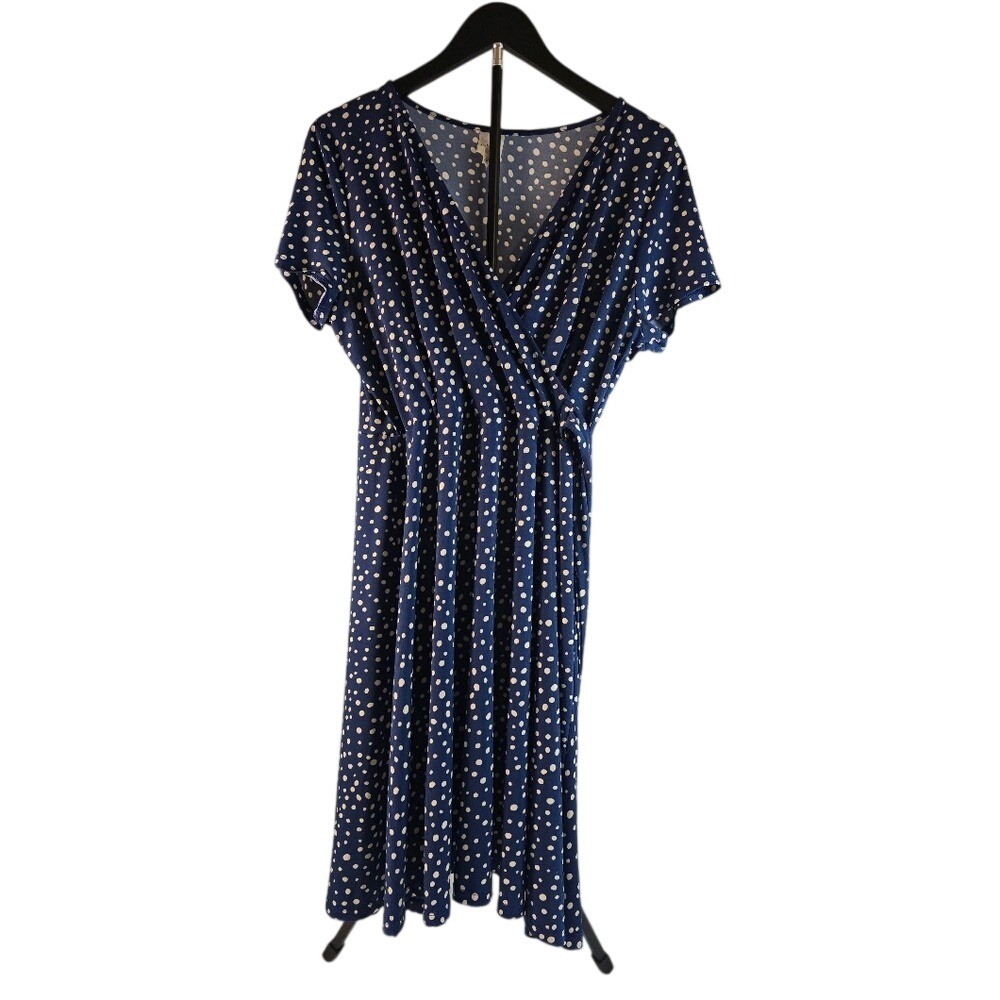Kaileigh Navy Blue White Polka Dot Faux Wrap Dress Short Sleeve XL